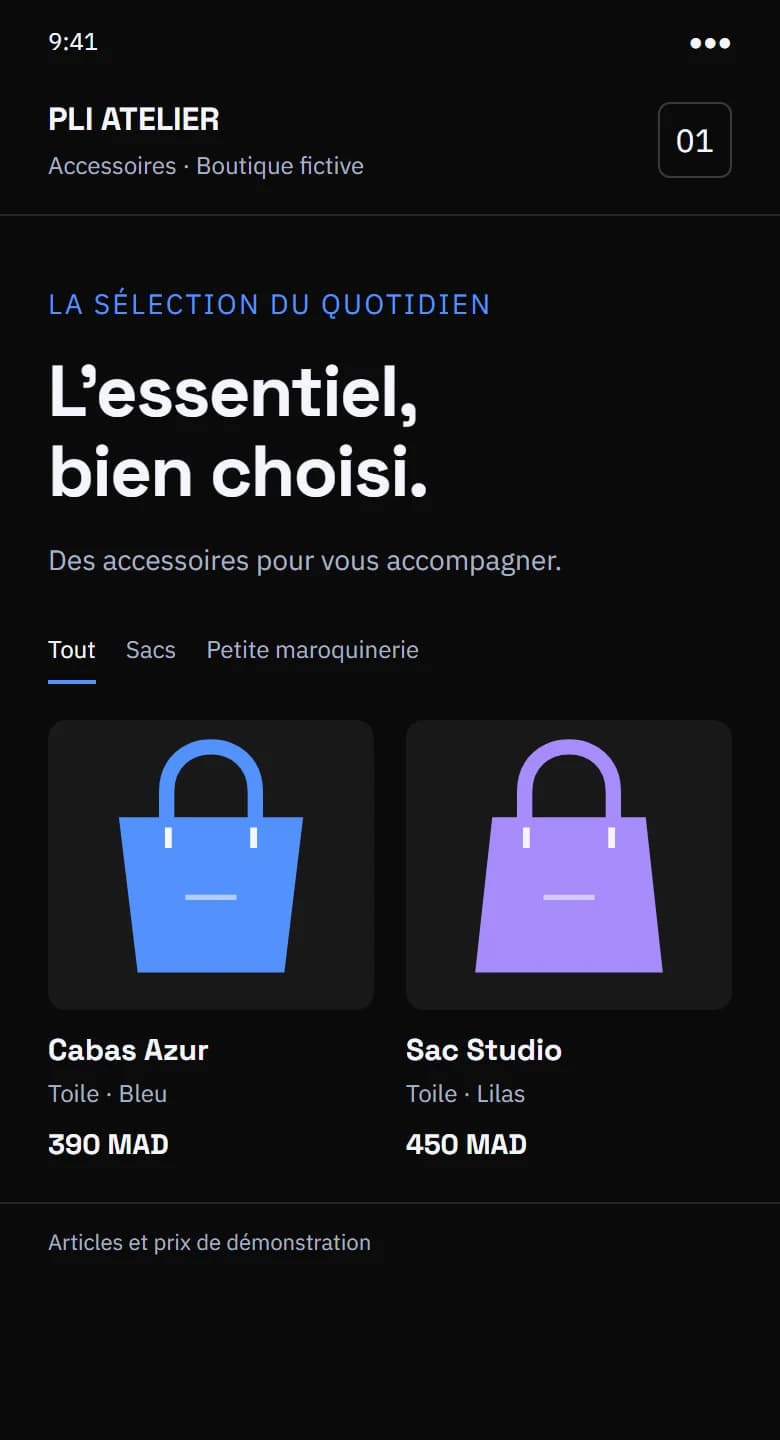 Fictional Pli Atelier accessories shop with original bag illustrations and sample prices in MAD.